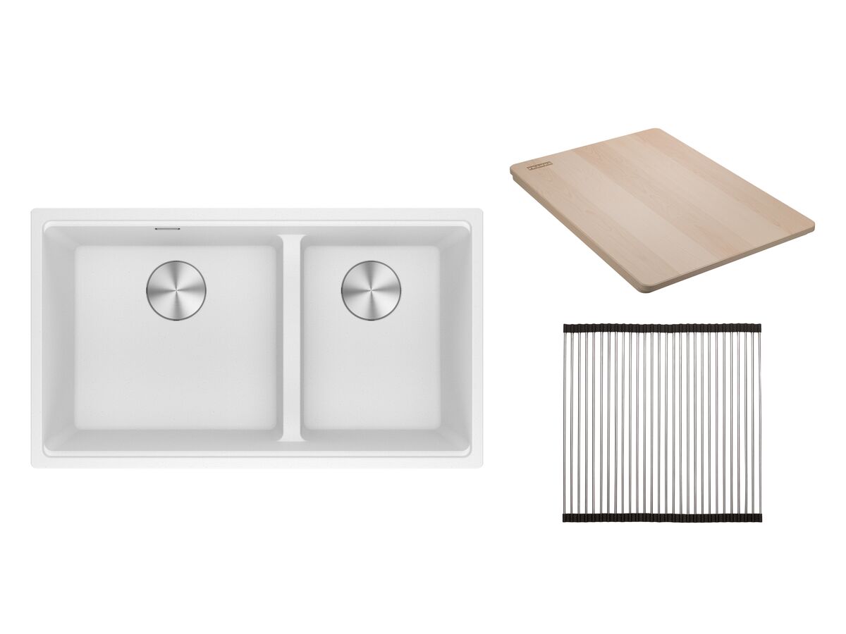 reece Franke City Fragranite 1.75 Bowl 430mm Bowl + 300mm Bowl Undermount Sink Pack includes Chopping Board and Rollamat Polar White