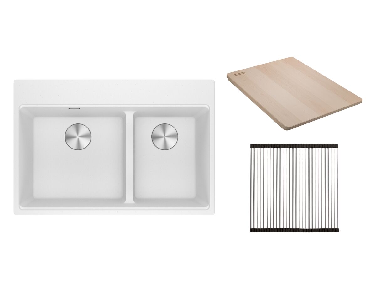 reece Franke City Fragranite 1.75 Bowl 430mm Bowl + 300mm Bowl Inset Sink Pack includes Chopping Board and Rollamat Polar White