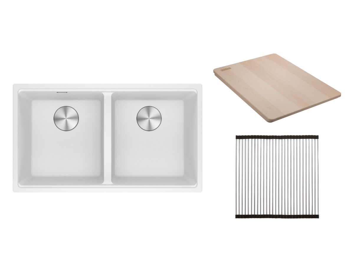 reece Franke City Fragranite Double Bowl 360mm Bowl + 360mm Bowl Undermount Sink Pack includes Chopping Board and Rollamat Polar White