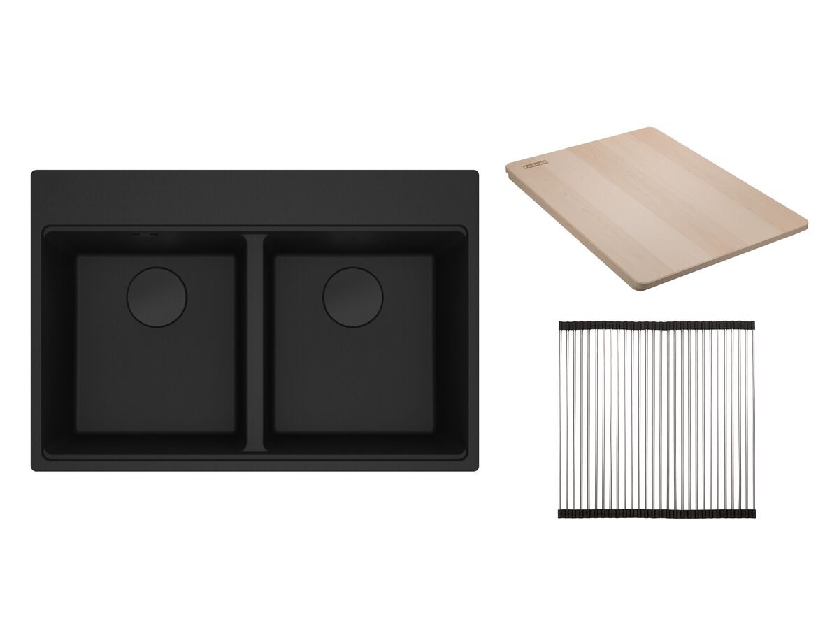 reece Franke City Fragranite Double Bowl 360mm Bowl + 360mm Bowl Inset Sink Pack includes Chopping Board and Rollamat Matte Black