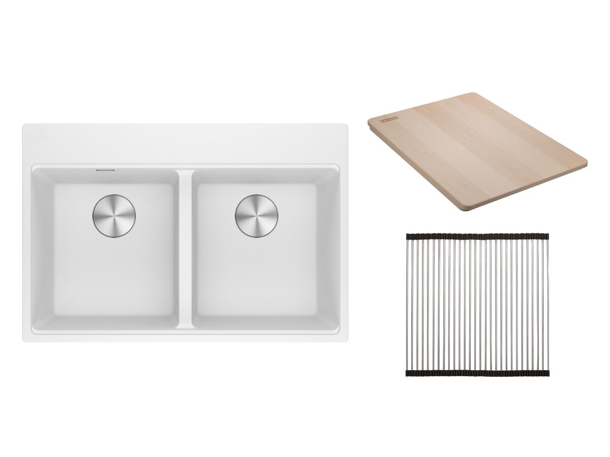 reece Franke City Fragranite Double Bowl 360mm Bowl + 360mm Bowl Inset Sink Pack includes Chopping Board and Rollamat Polar White