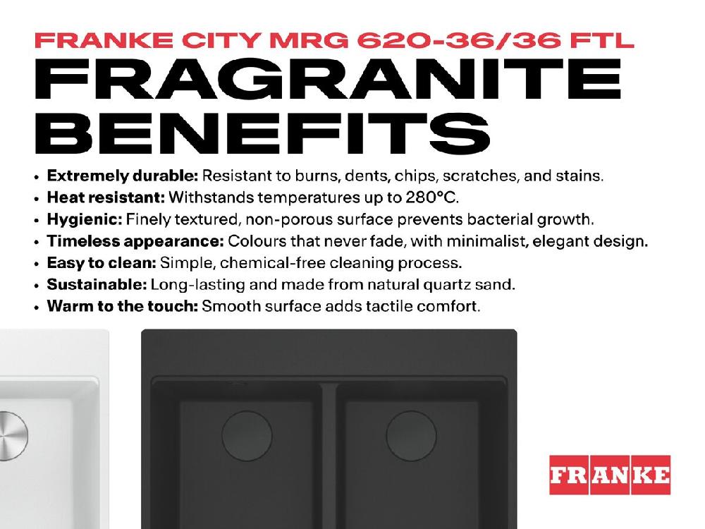 Reece Franke City Fragranite Double Bowl 360mm Bowl + 360mm Bowl Inset Sink With Tap Ledge Polar White