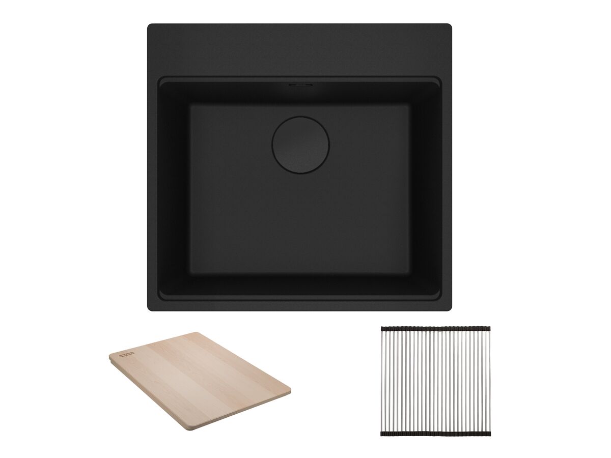 reece Franke City Fragranite Single Bowl 510mm Inset Sink Pack includes Chopping Board and Rollamat Matte Black
