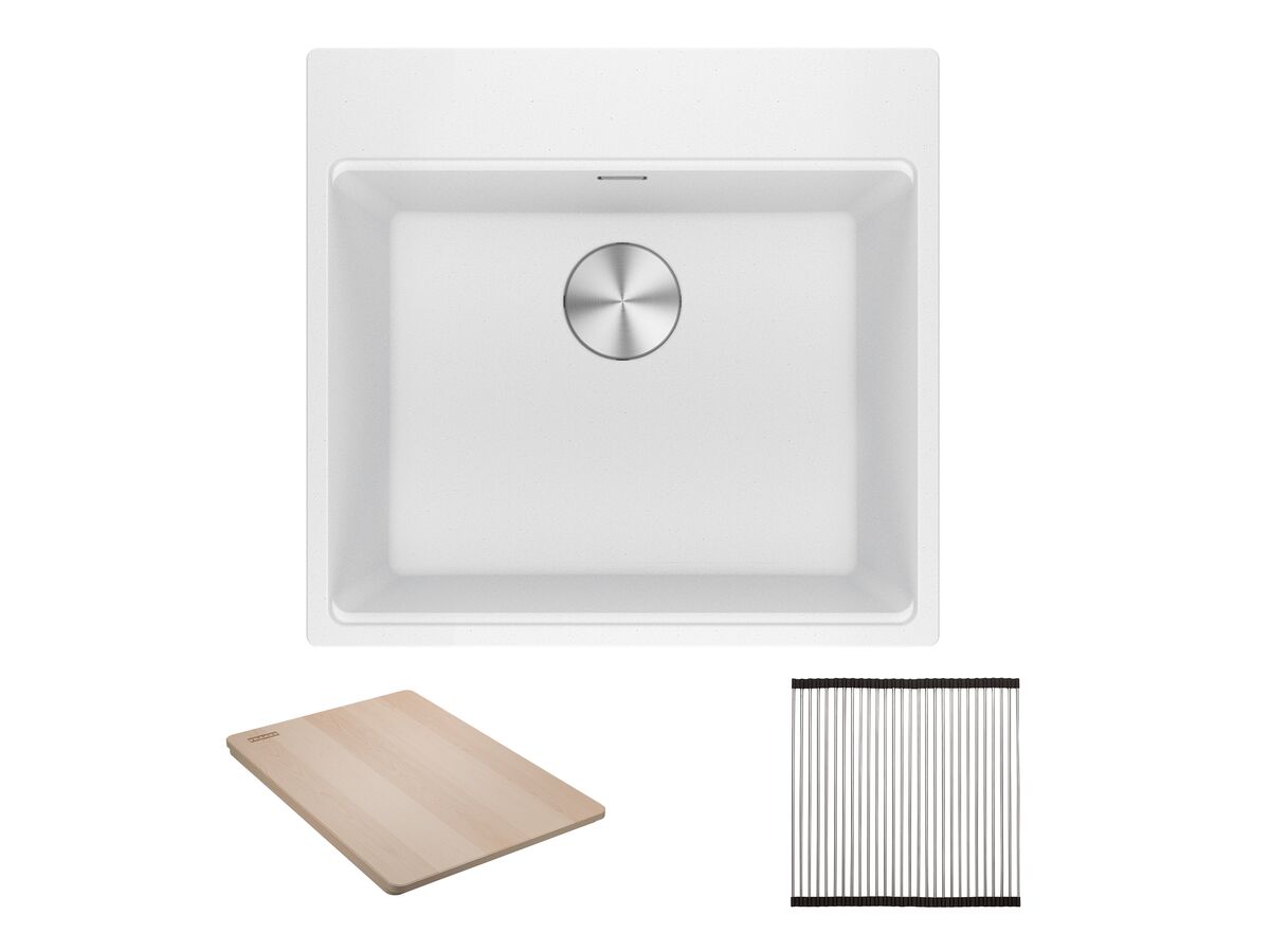 reece Franke City Fragranite Single Bowl 510mm Inset Sink Pack includes Chopping Board and Rollamat Polar White
