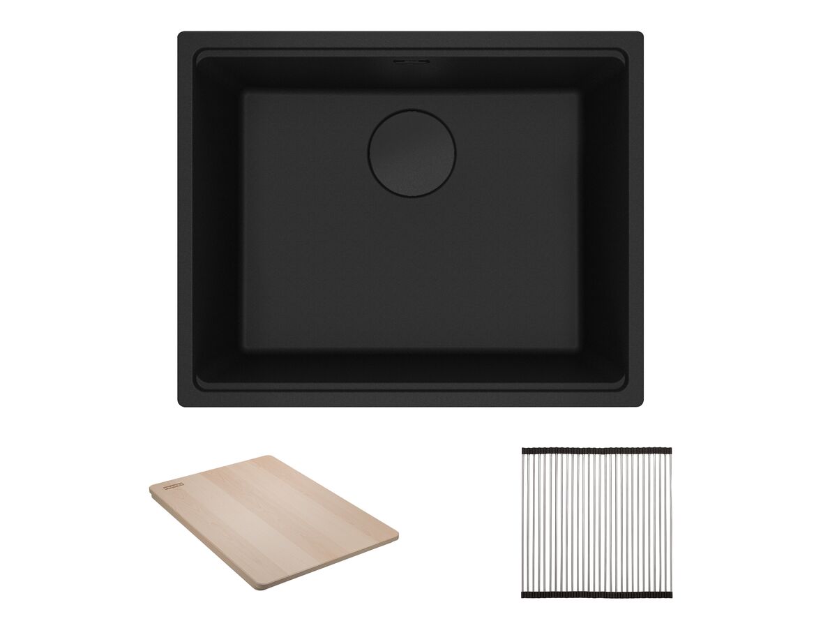 reece Franke City Fragranite Single Bowl 510mm Undermount Sink Pack includes Chopping Board and Rollamat Matte Black
