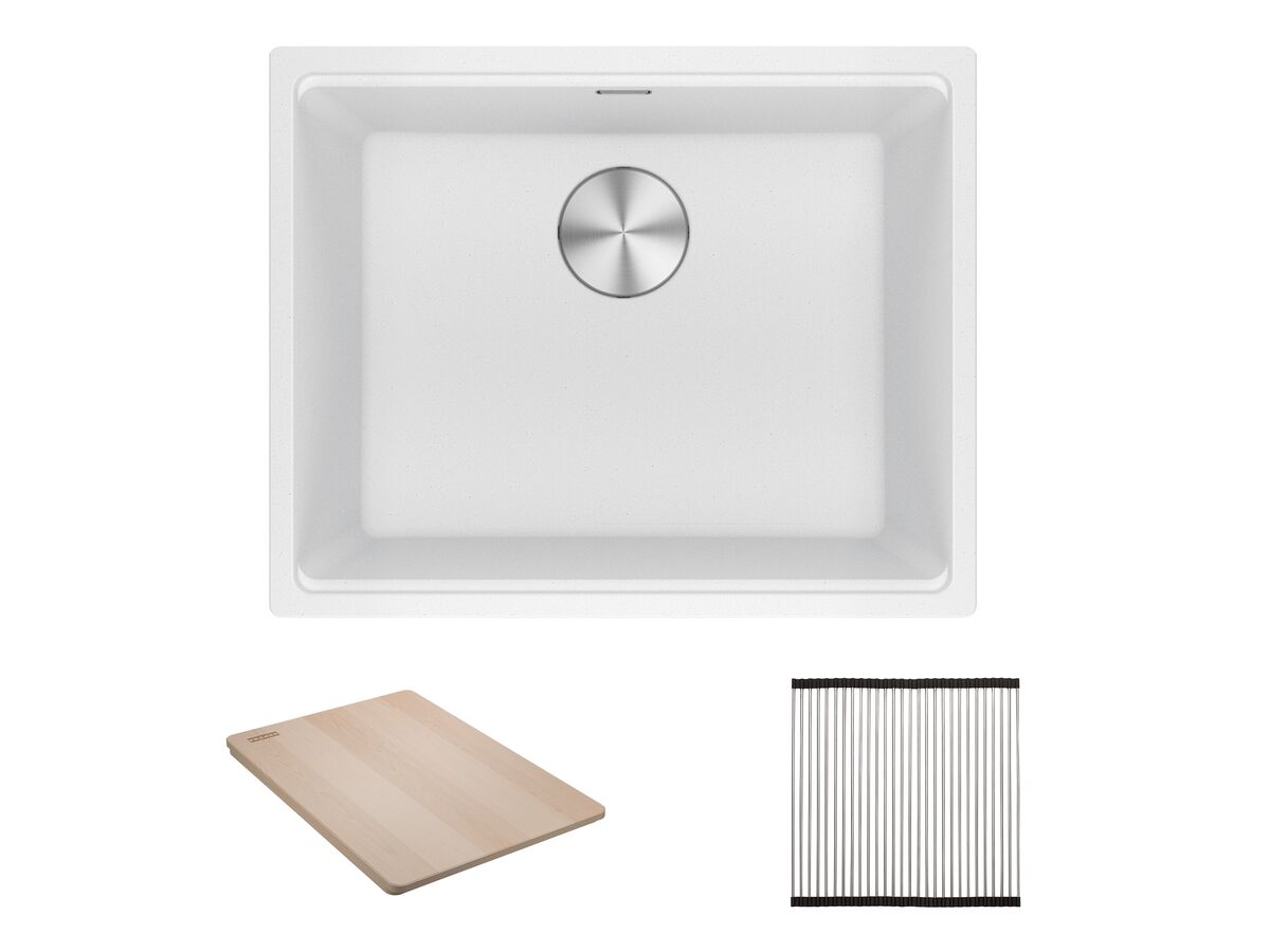 reece Franke City Fragranite Single Bowl 510mm Undermount Sink Pack includes Chopping Board and Rollamat Polar White