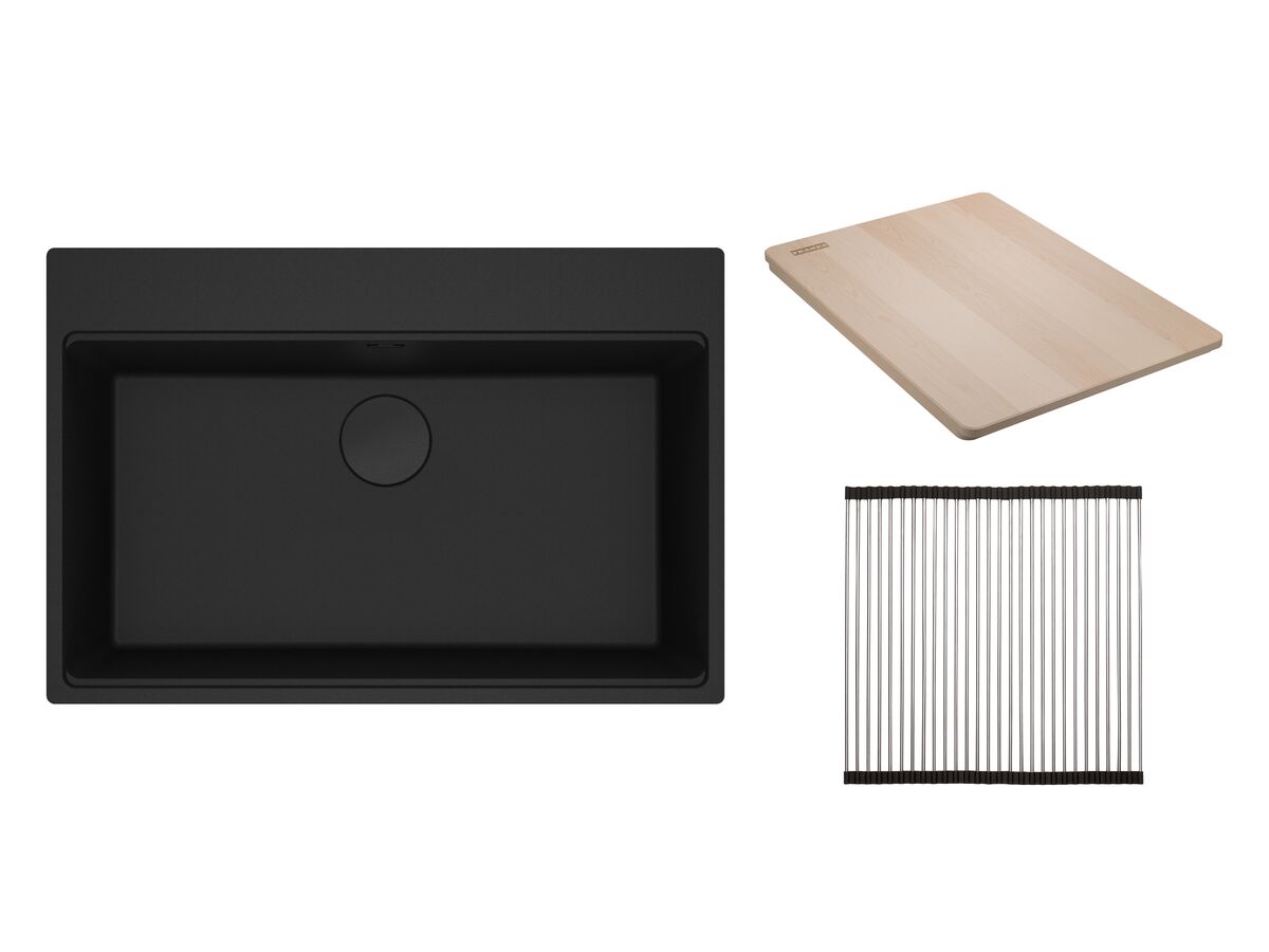 reece Franke City Fragranite Single Bowl 750mm Inset Sink Pack includes Chopping Board and Rollamat Matte Black