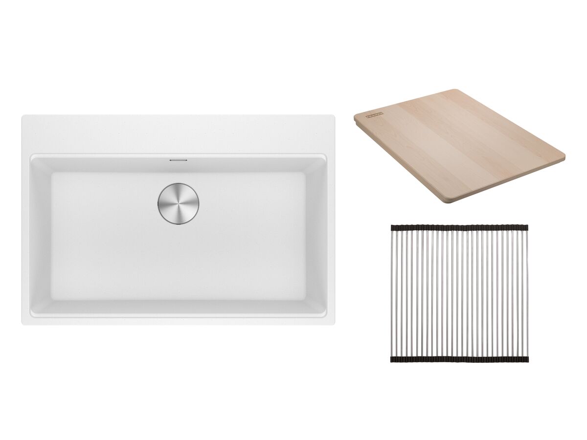reece Franke City Fragranite Single Bowl 750mm Inset Sink Pack includes Chopping Board and Rollamat Polar White