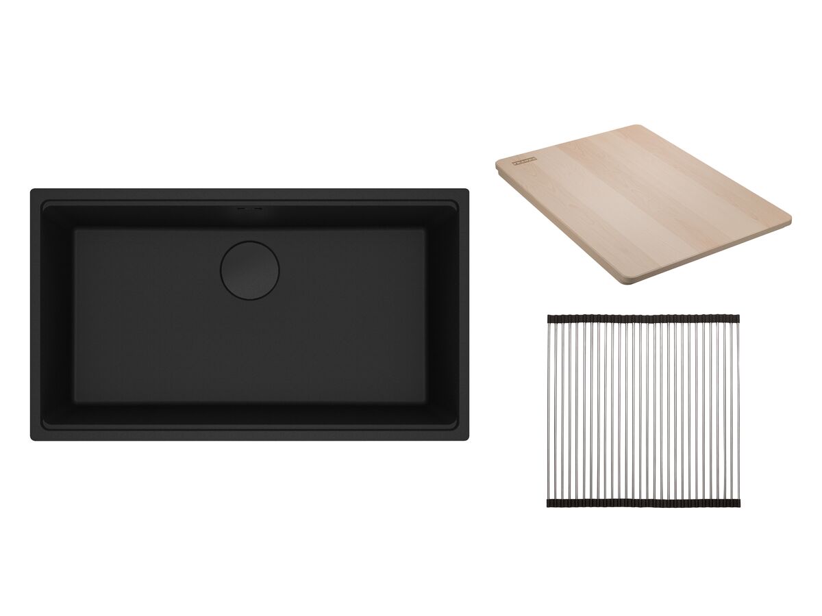 reece Franke City Fragranite Single Bowl 750mm Undermount Sink Pack includes Chopping Board and Rollamat Matte Black