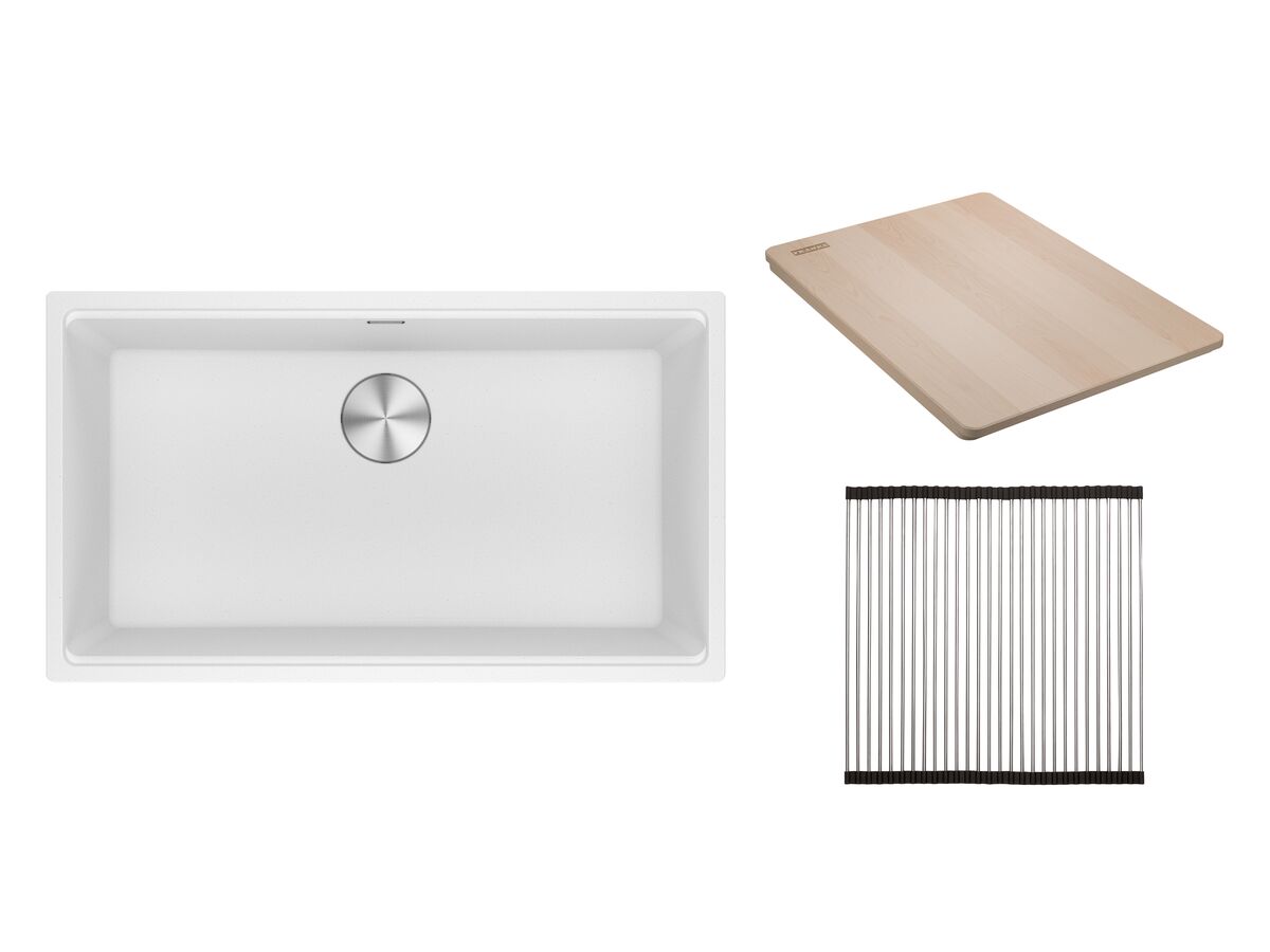 reece Franke City Fragranite Single Bowl 750mm Undermount Sink Pack includes Chopping Board and Rollamat Polar White