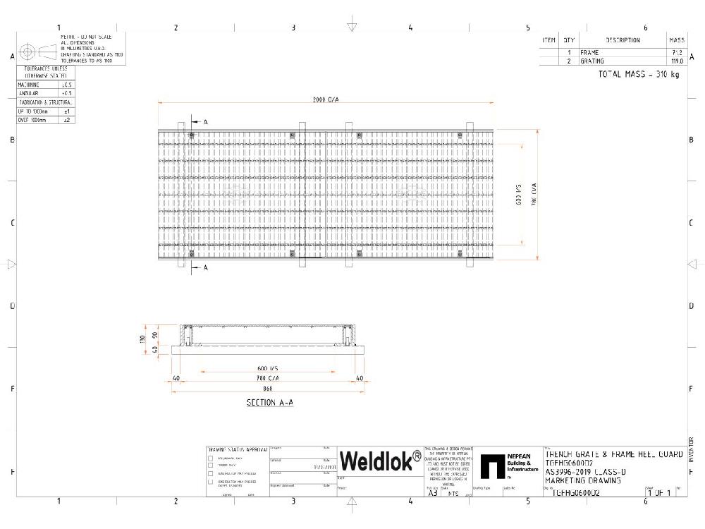 Reece GMS Boltdown Heel Guard Trench Grate & Frame Class D Clear Opening 600mm X 2mtr