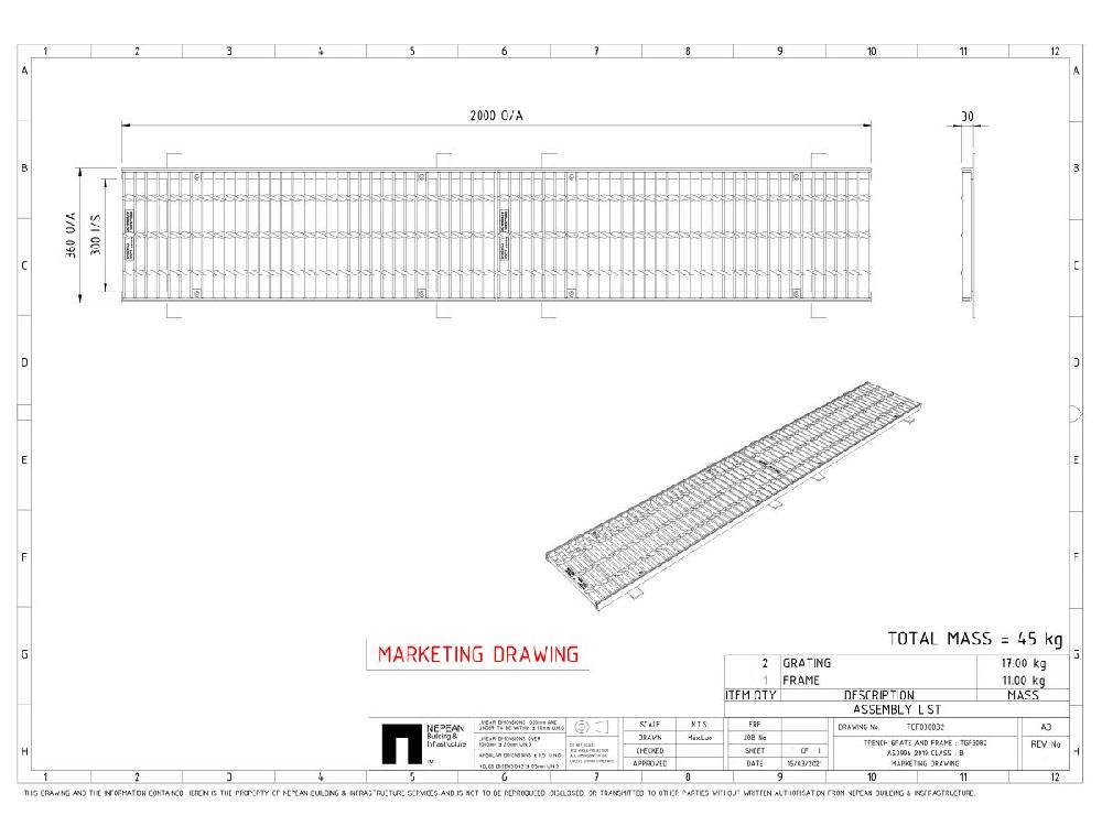 Reece GMS Boltdown Trench Grate & Frame Class B Clear Opening 300mm X 2mtr