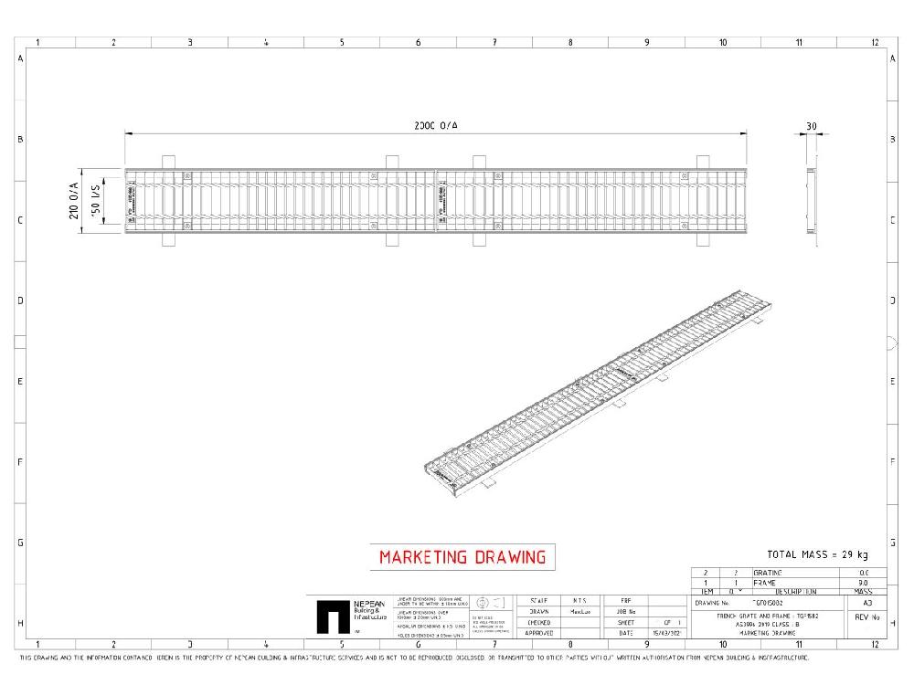 Reece GMS Boltdown Trench Grate & Frame Class B Clear Opening 150mm X 2mtr