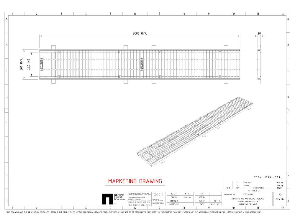 Reece GMS Boltdown Trench Grate & Frame Class B Clear Opening 240mm X 2mtr