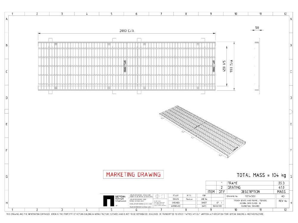 Reece GMS Boltdown Trench Grate & Frame Class B Clear Opening 450mm X 2mtr