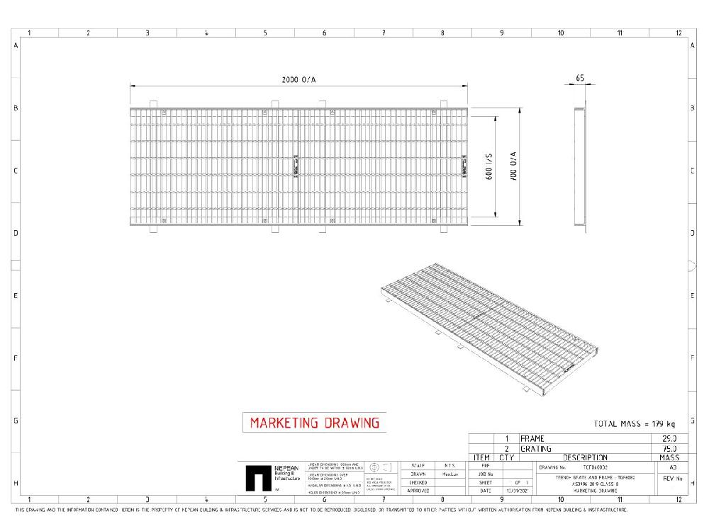 Reece GMS Boltdown Trench Grate & Frame Class B Clear Opening 600mm X 2mtr
