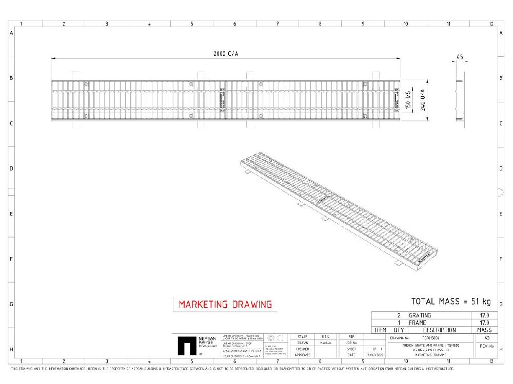 Reece GMS Boltdown Trench Grate & Frame Class D Clear Opening 150mm X 2mtr