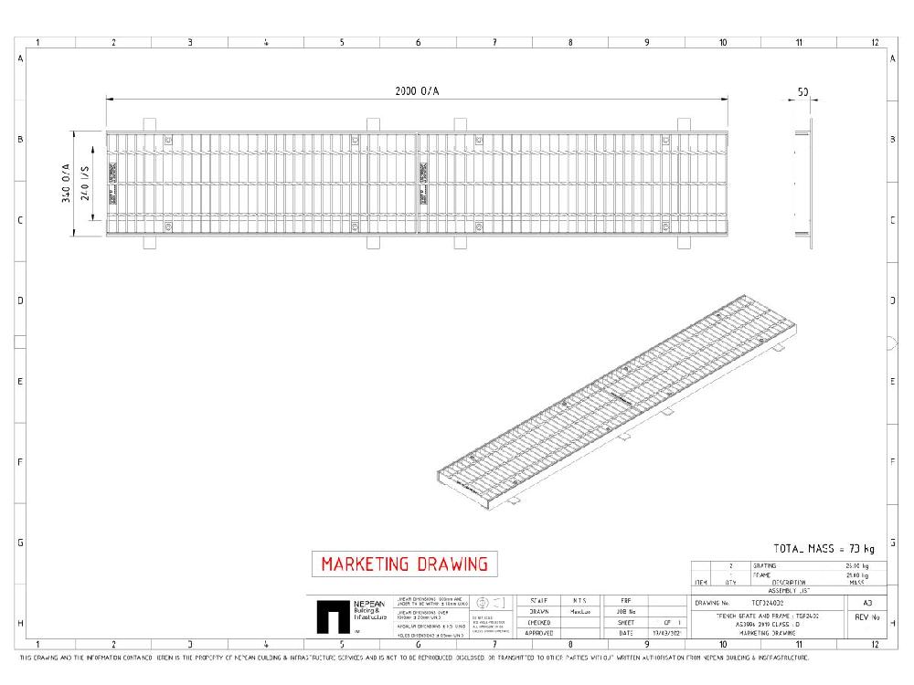Reece GMS Boltdown Trench Grate & Frame Class D Clear Opening 240mm X 2mtr