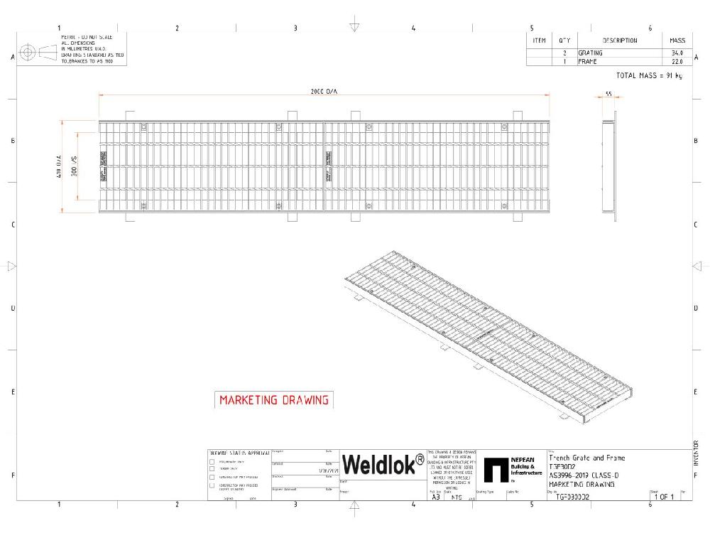 Reece GMS Boltdown Trench Grate & Frame Class D Clear Opening 300mm X 2mtr