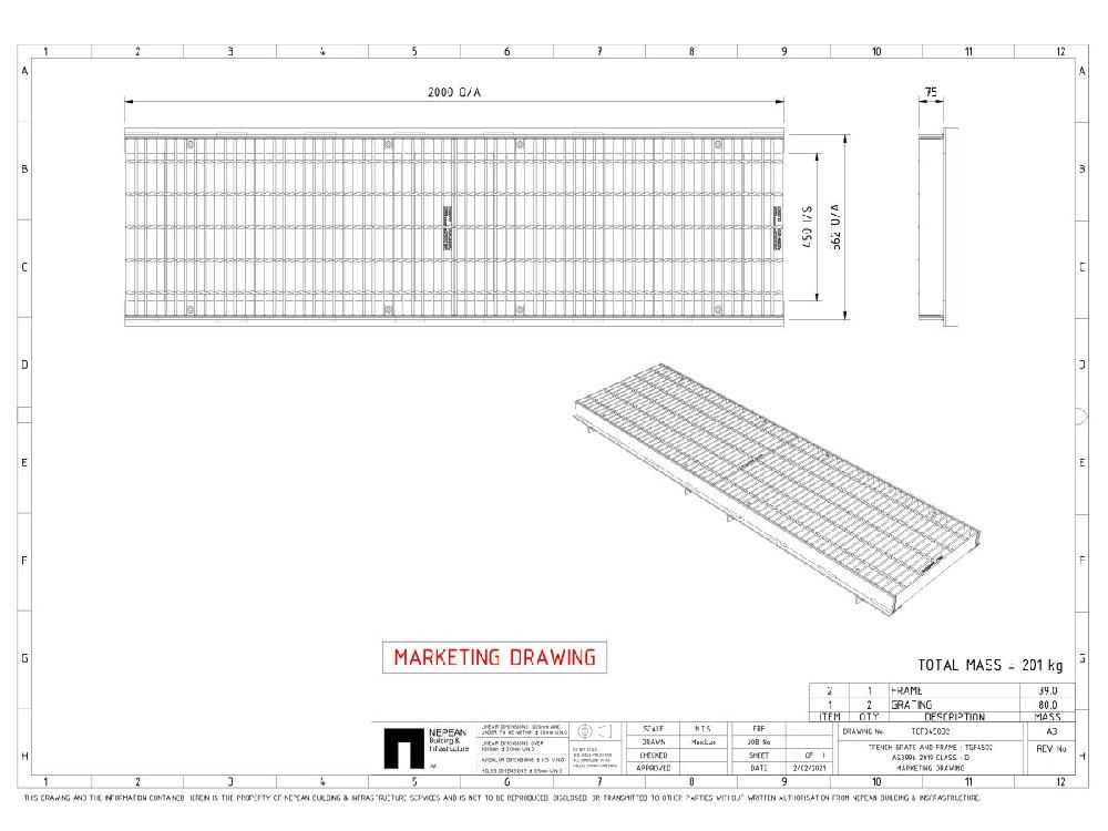 Reece GMS Boltdown Trench Grate & Frame Class D Clear Opening 450mm X 2mtr