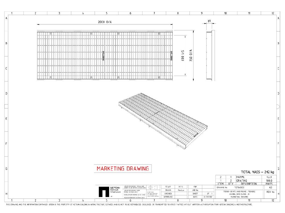 Reece GMS Boltdown Trench Grate & Frame Class D Clear Opening 600mm X 2mtr
