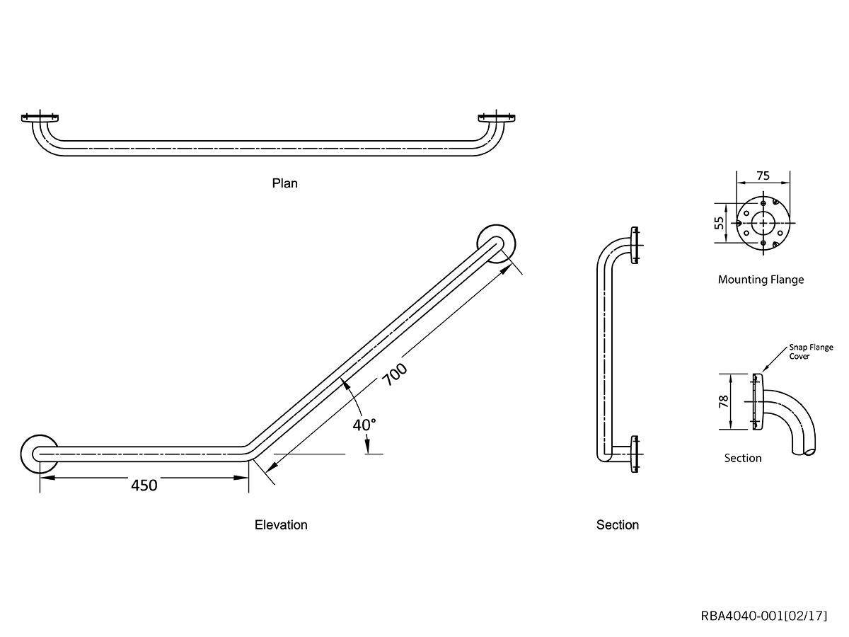 Reece Grab Rail 40 Degree Angled 450mm X 700mm Left Hand Stainless Steel