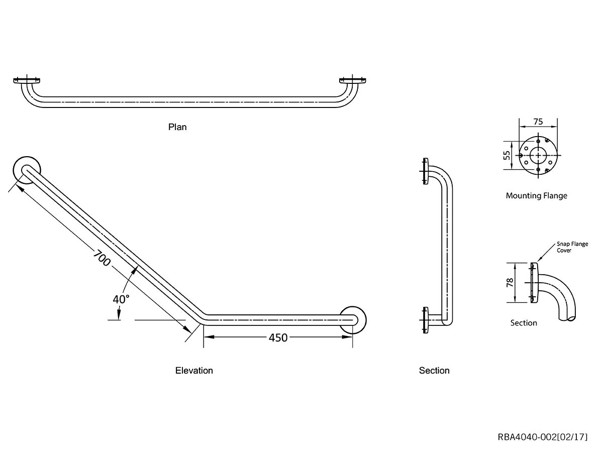 Reece Grab Rail 40 Degree Angled 450mm X 700mm Right Hand Stainless Steel