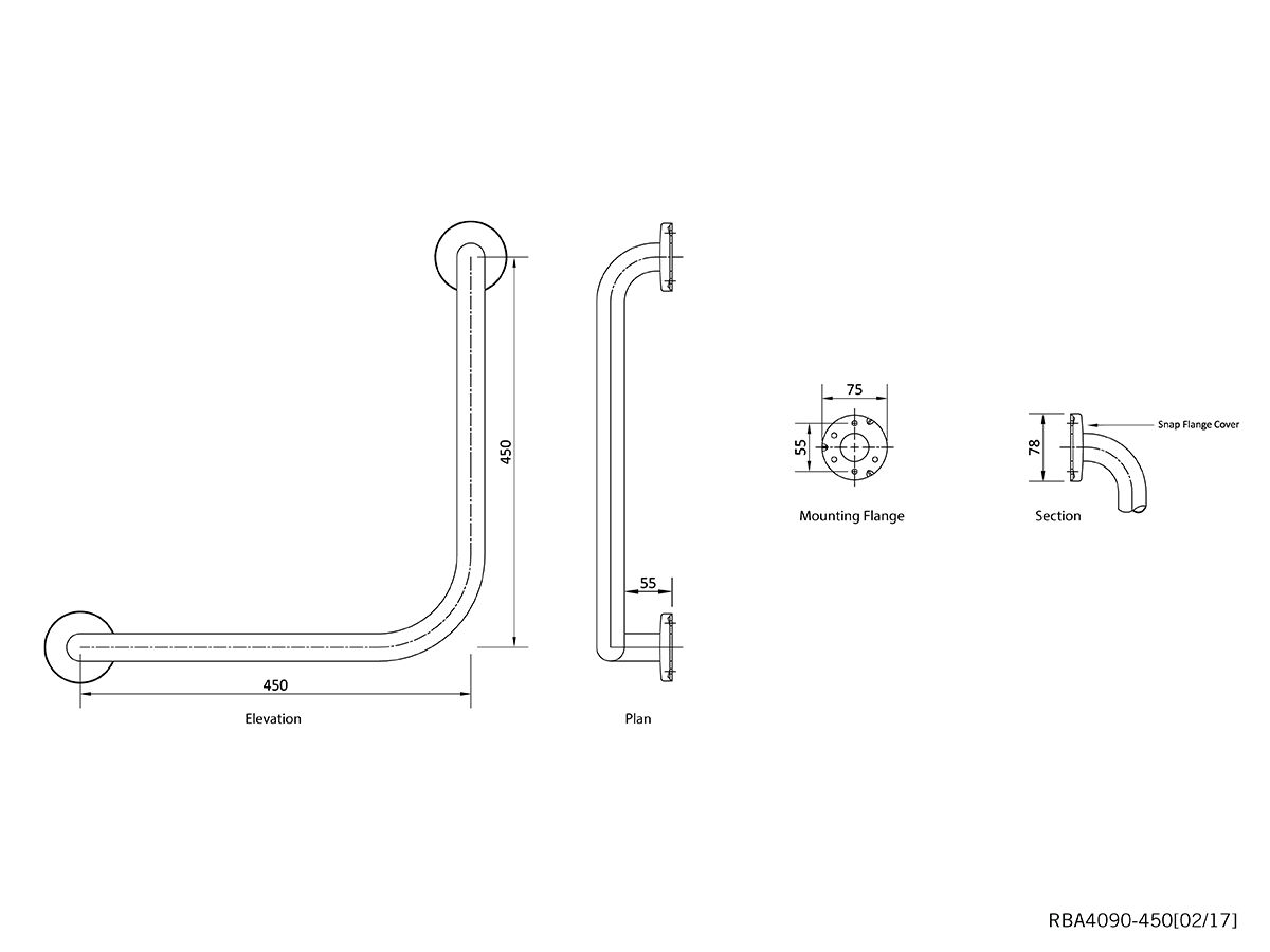 Reece Grab Rail Ambulant 90 Degree 450mm X 450mm No Interm