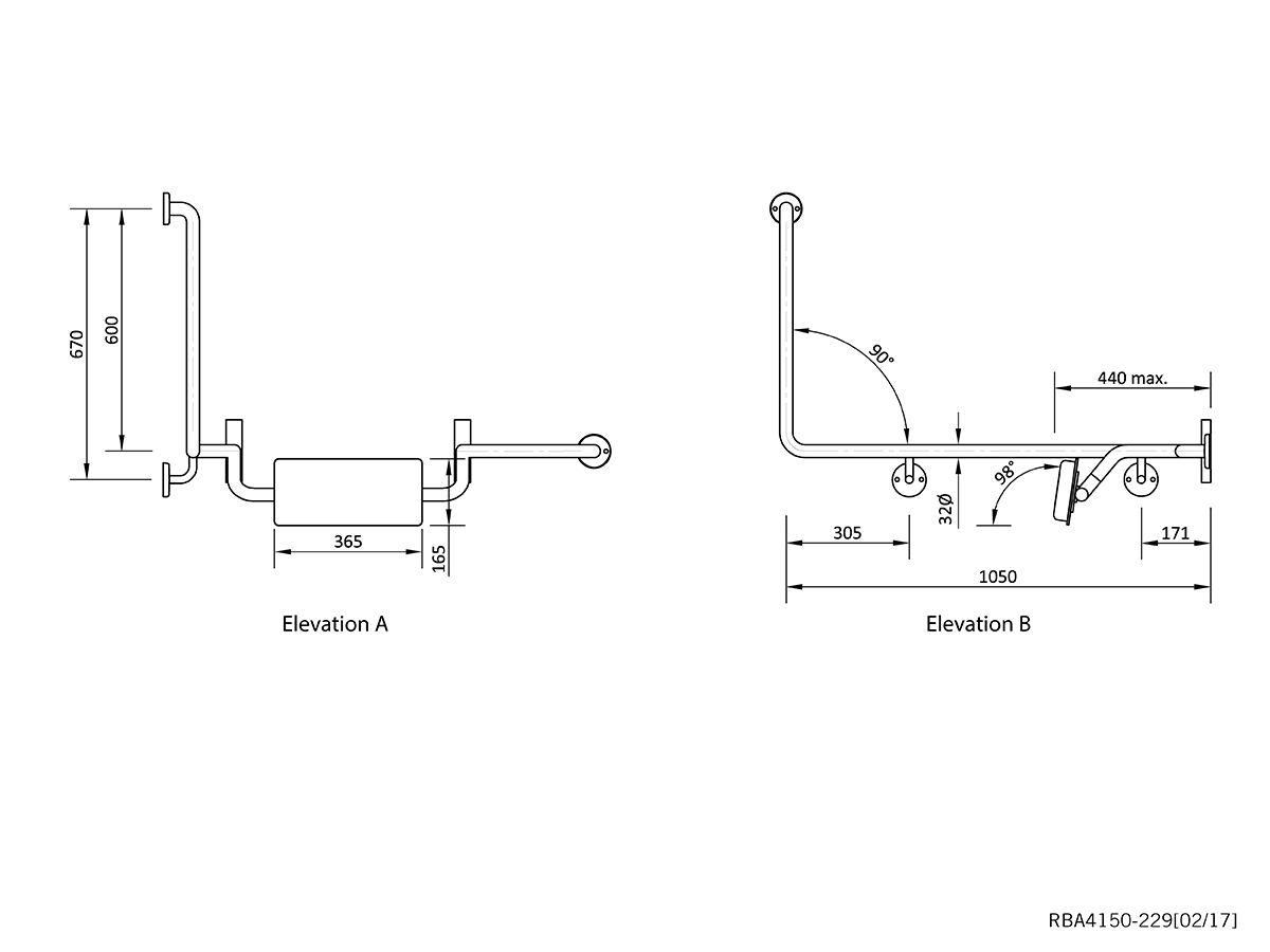 Reece Grab Rail Right Hand With Poly Backrest 90 Degrees Stainless Steel
