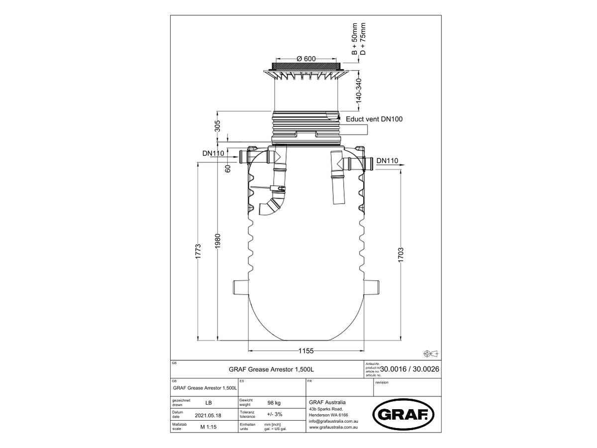 Reece GRAF Grease Trap 1500ltr Includes Cast Iron Lid Class D