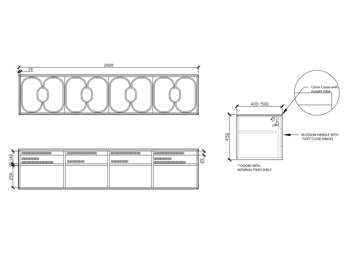 Reece ISSY Blossom I 2000 X 400-500 X 450mm Vanity Unit With Four Soft Close Doors And Internal Shelf With Handle