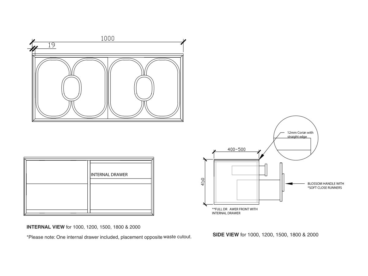 Reece ISSY Blossom II 1000 X 400-500 X 450mm Vanity Unit With Two Soft Close Drawers And One Internal Drawer With Handle