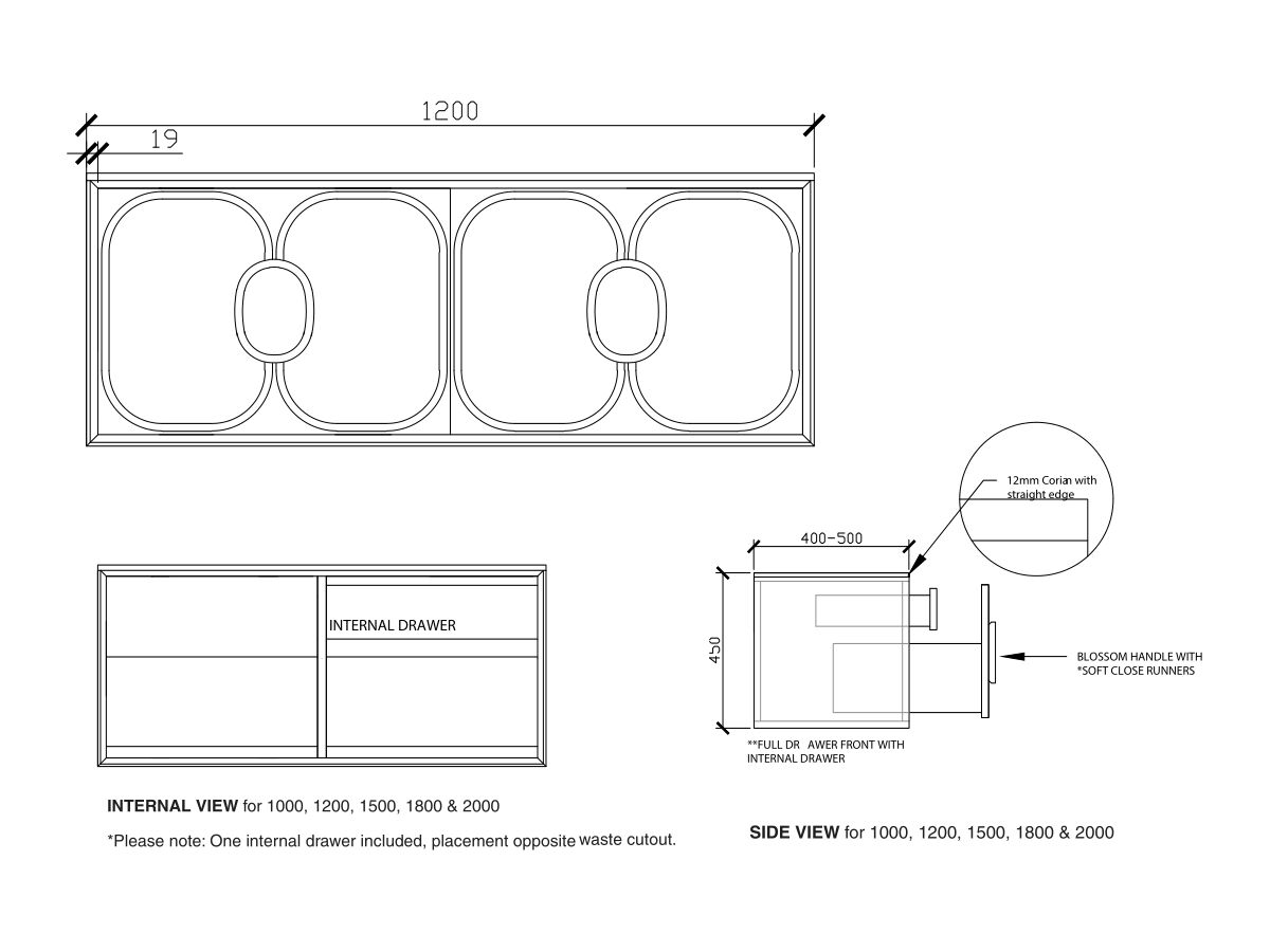Reece ISSY Blossom II 1200 X 400-500 X 450mm Vanity Unit With Two Soft Close Drawers And One Internal Drawer With Handle
