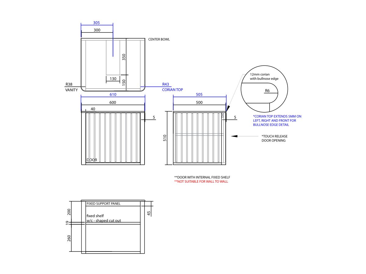 Reece ISSY Cloud I 600mm X 500mm X 510mm Wall Hung Vanity Unit 1 Touch Latch Door (No Basin)