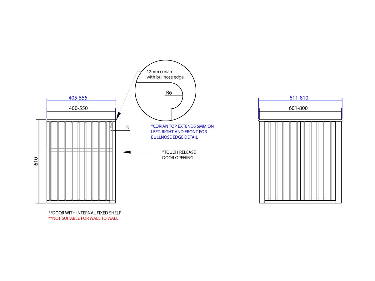 Reece ISSY Custom Cloud I 601-800mm X 400-550mm X 610mm Wall Hung Vanity Unit 2 Touch Latch Doors Semi Inset (No Basin)