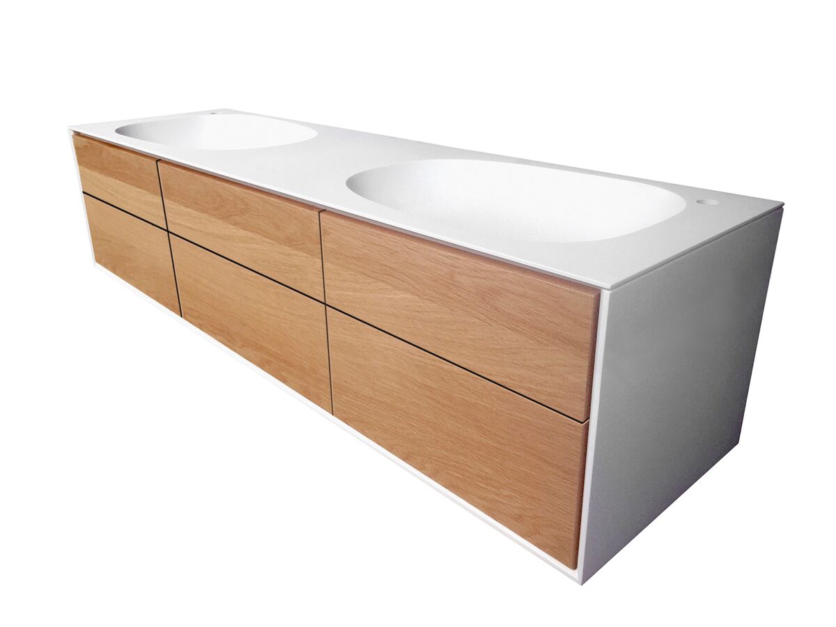 Reece ISSY Glide Twin 1750mm Wall Hung Vanity Unit Double Bowl 6 Drawers Oak
