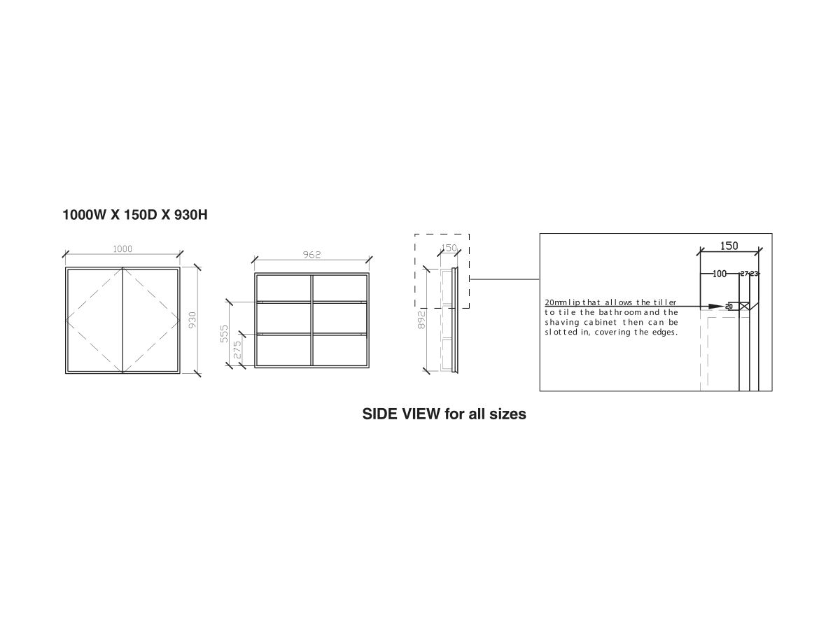 Reece ISSY Z8 1000mm X 150mm X 930mm Recessed Double Shaving Cabinet