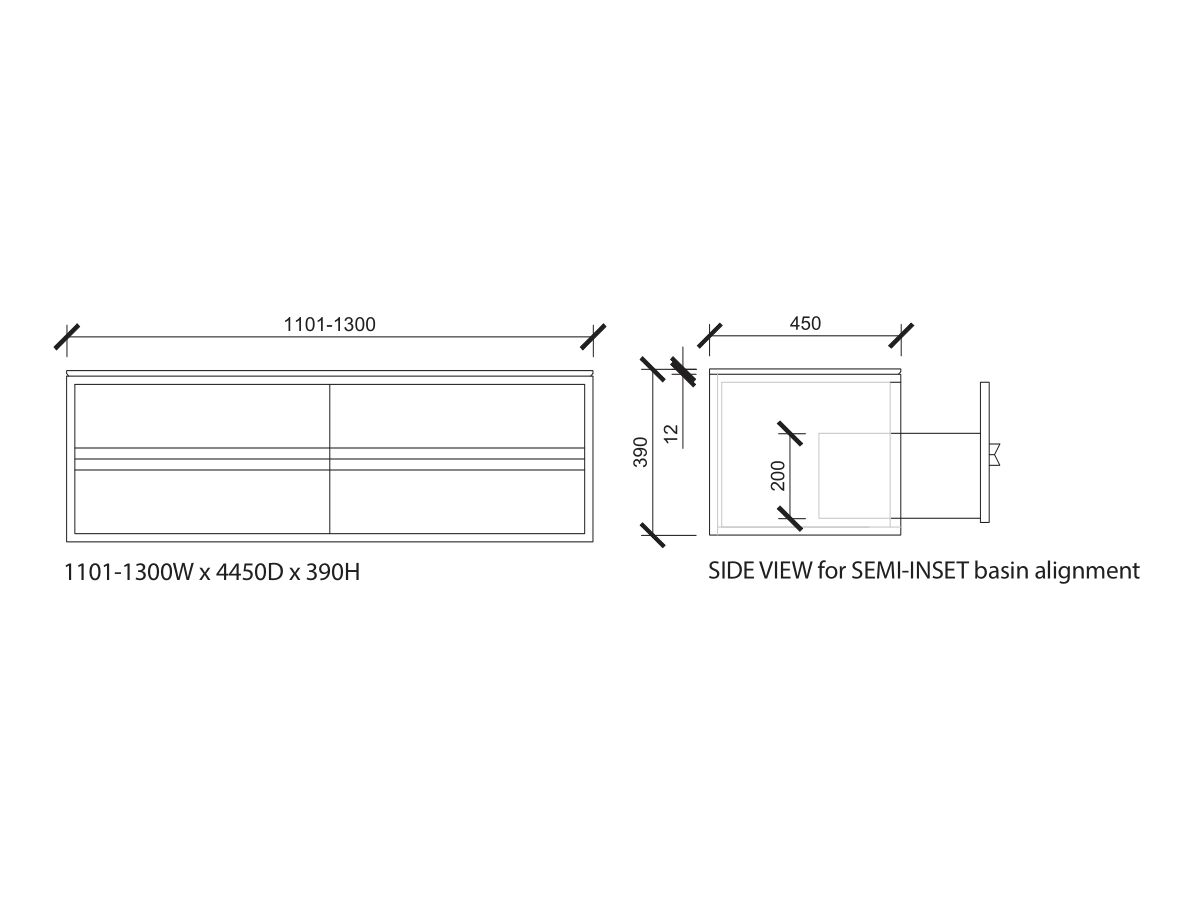 Reece ISSY Z8 1101-1300mm X 450mm X 390mm Custom Vanity Unit 3 Drawers Semi Inset Basin
