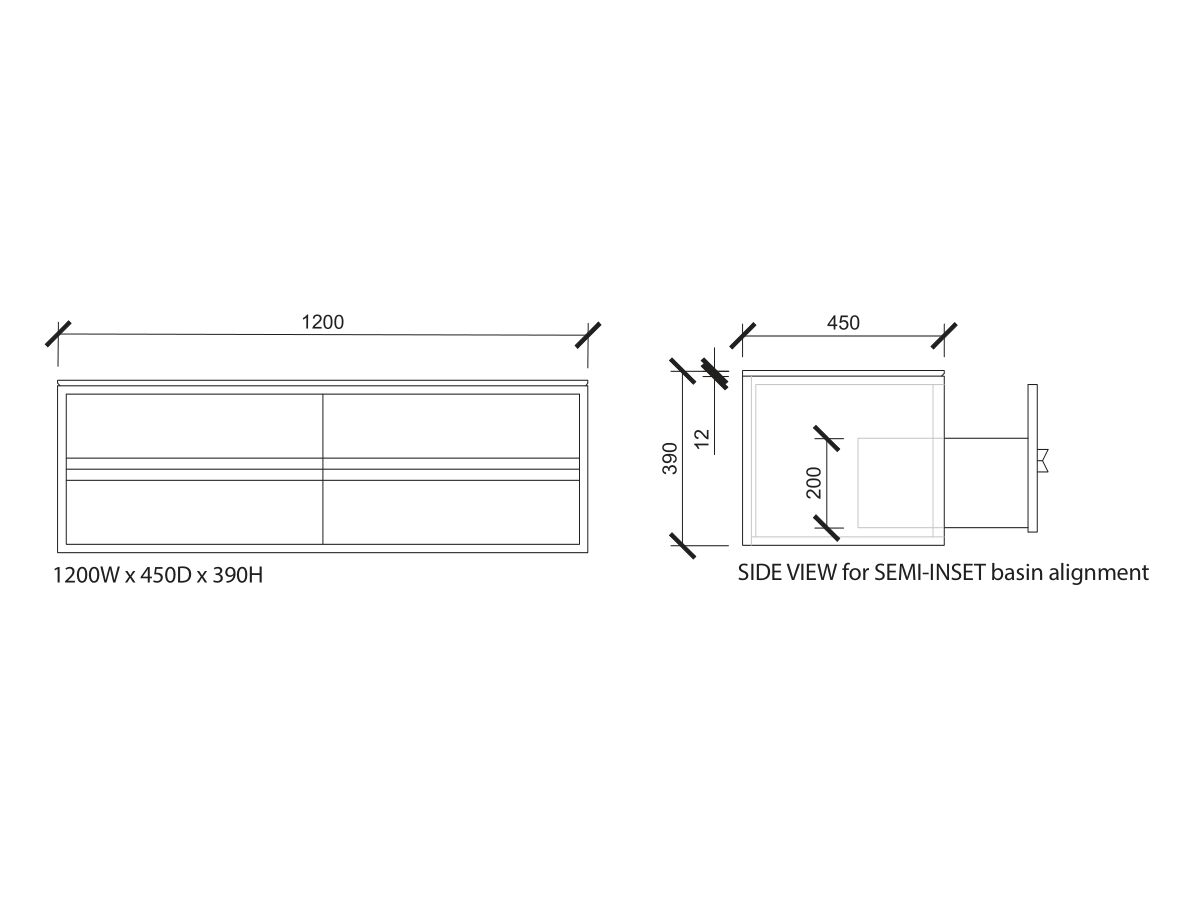 Reece ISSY Z8 1200mm X 450mm X 390mm Vanity Unit 3 Drawer Semi Inset Basin