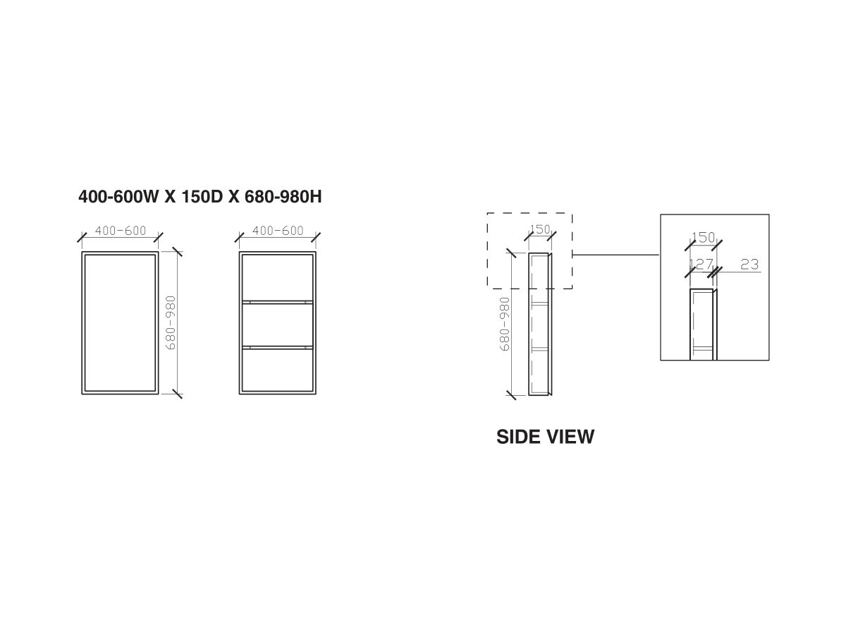 Reece ISSY Z8 400mm - 600mm X 150mm X 680mm - 980mm Custom Shaving Cabinet
