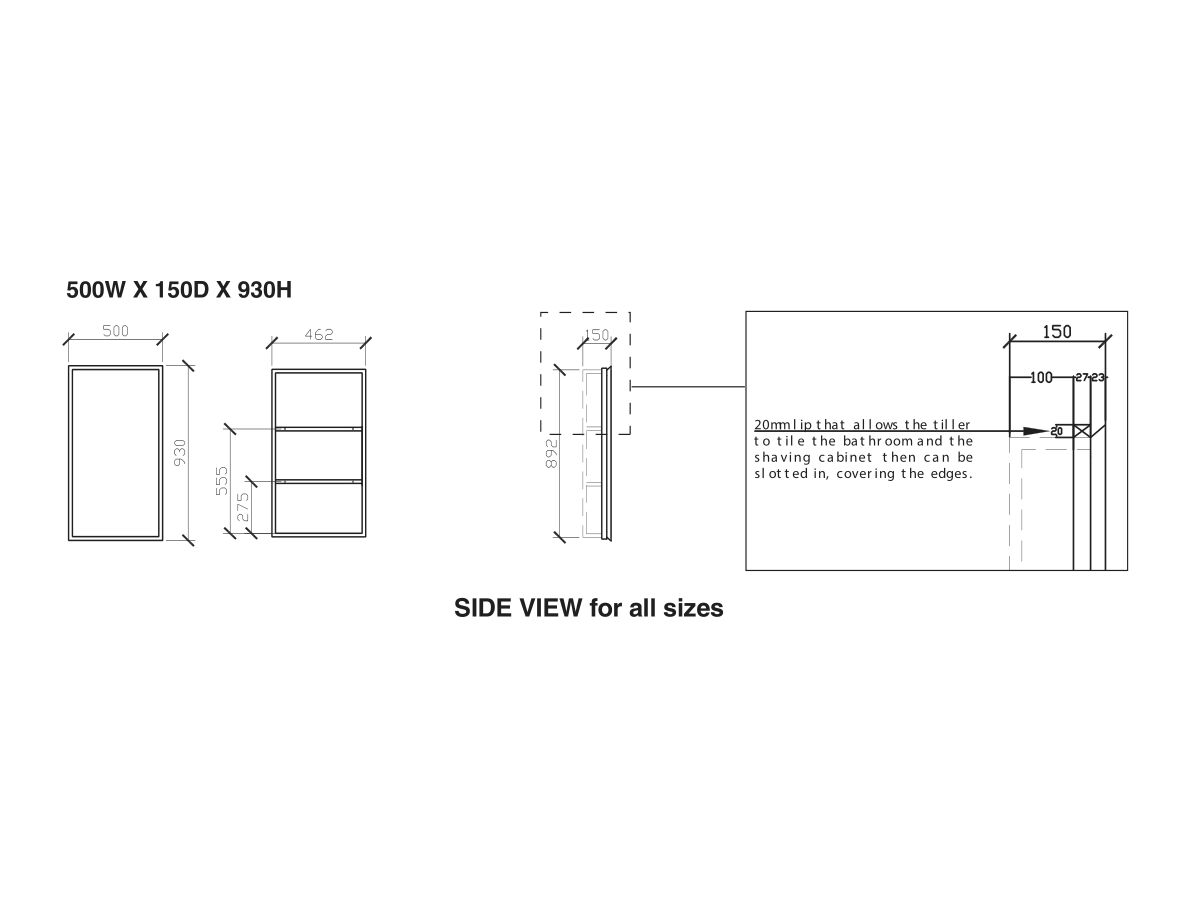 Reece ISSY Z8 500mm X 150mm X 930mm Recessed Shaving Cabinet