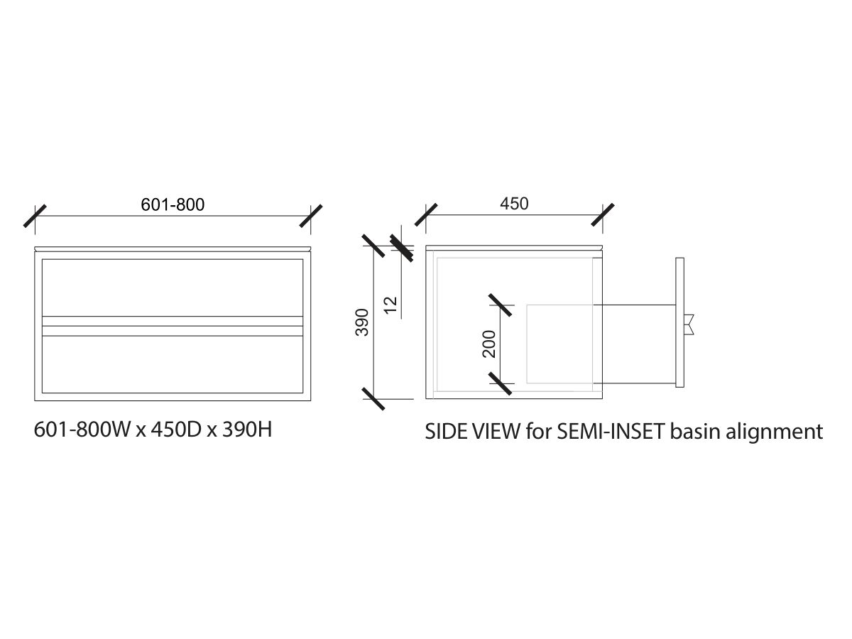 Reece ISSY Z8 601-800mm X 450mm X 390mm Custom Vanity Unit 1 Drawer Semi Inset Basin