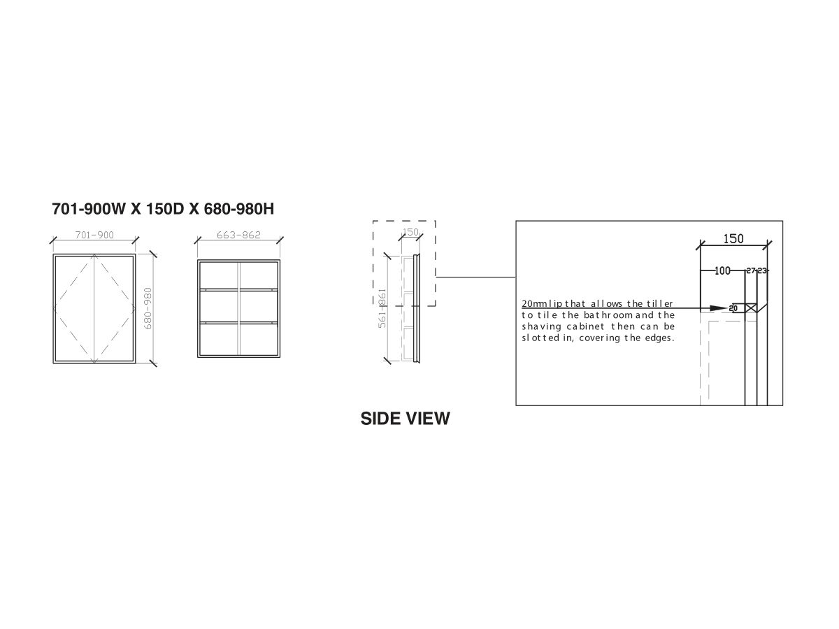 Reece ISSY Z8 701mm - 900mm X 150mm X 680mm - 980mm Custom Recessed Shaving Cabinet