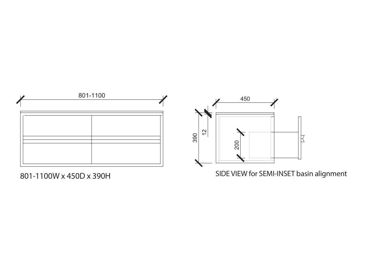 Reece ISSY Z8 801-1100mm X 450mm X 390mm Custom Vanity Unit 3 Drawers Semi Inset Basin