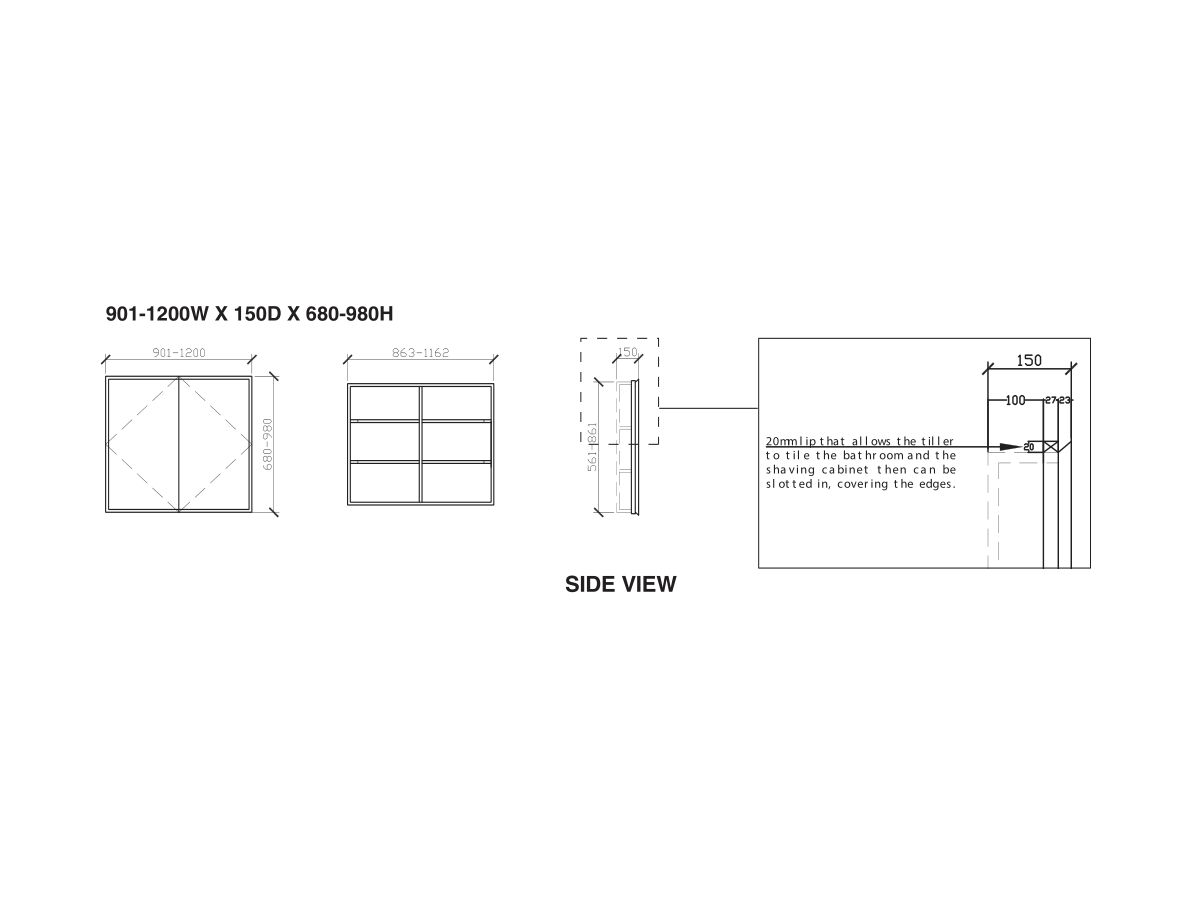 Reece ISSY Z8 901mm - 1200mm X 150mm X 680mm - 980mm Custom Recessed Double Shaving Cabinet