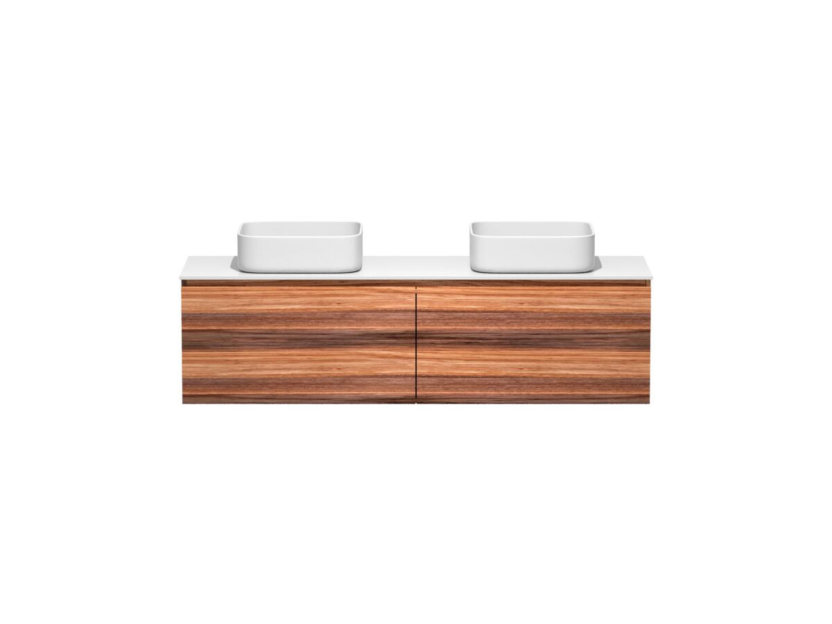 reece Kado Arc Timber All Drawer 1500mm Double Bowl Vanity Unit Corian Top Red Tulip
