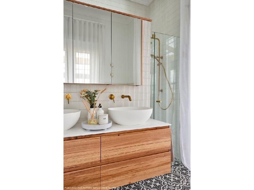 Reece Kado Arc Timber Twin Drawer 1500mm Double Bowl Vanity Unit Corian Top Australian Chestnut