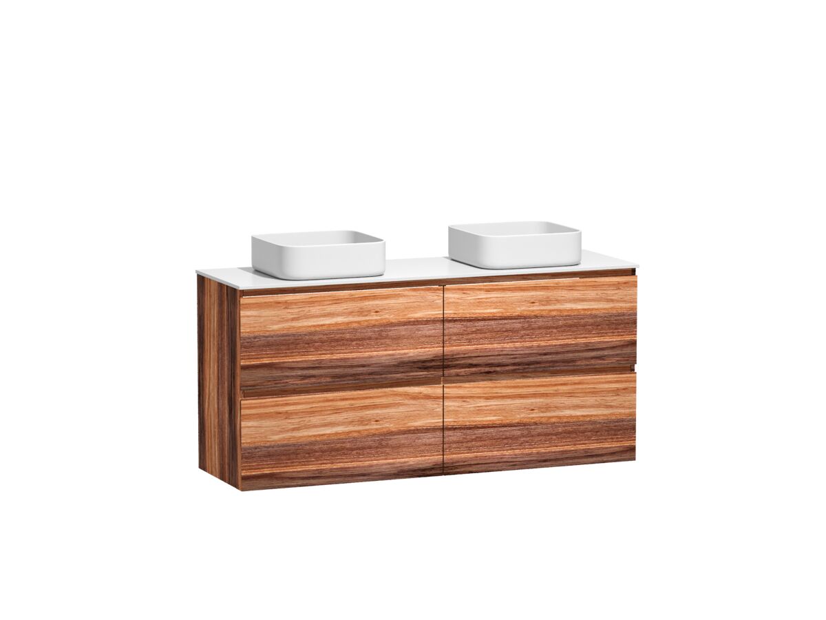 Reece Kado Arc Timber Twin Drawer 1500mm Double Bowl Vanity Unit Corian Top Red Tulip