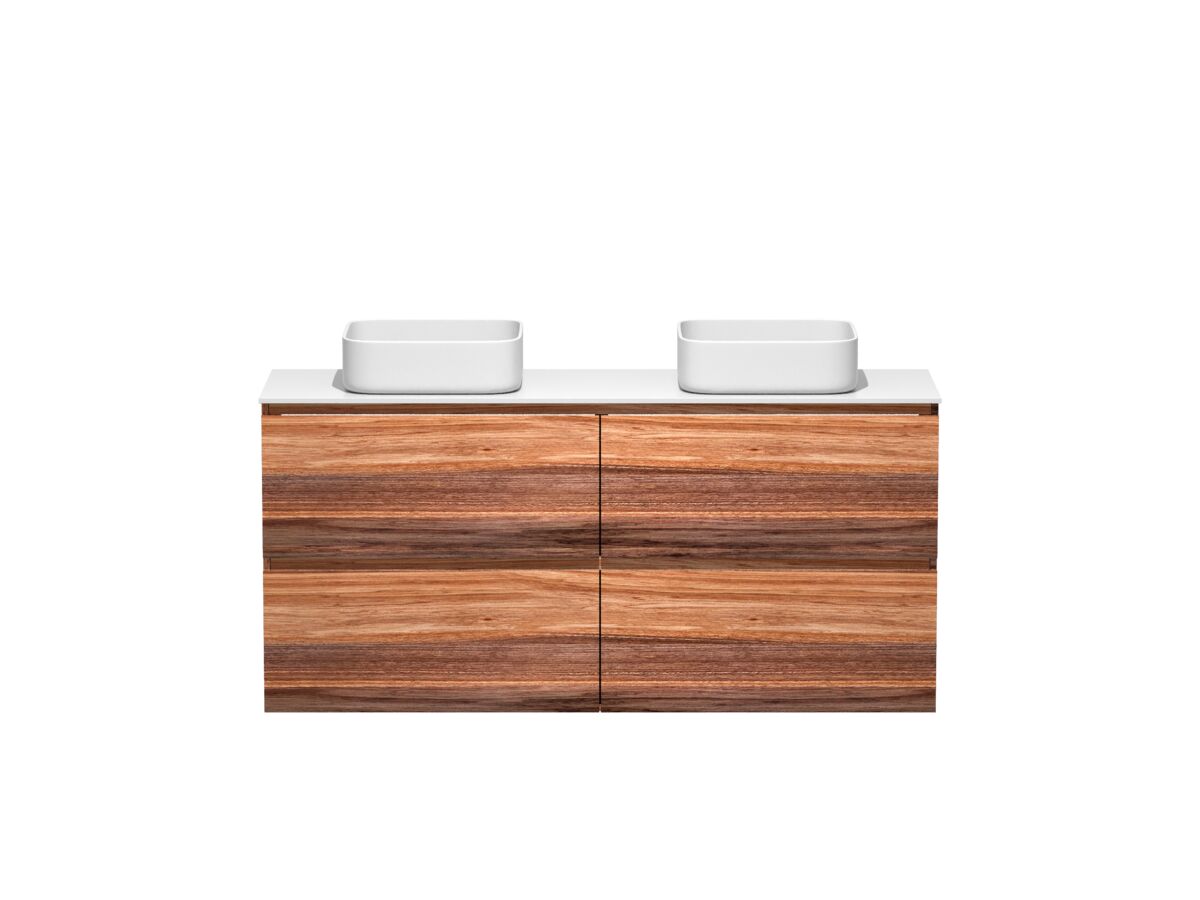 reece Kado Arc Timber Twin Drawer 1500mm Double Bowl Vanity Unit Corian Top Red Tulip