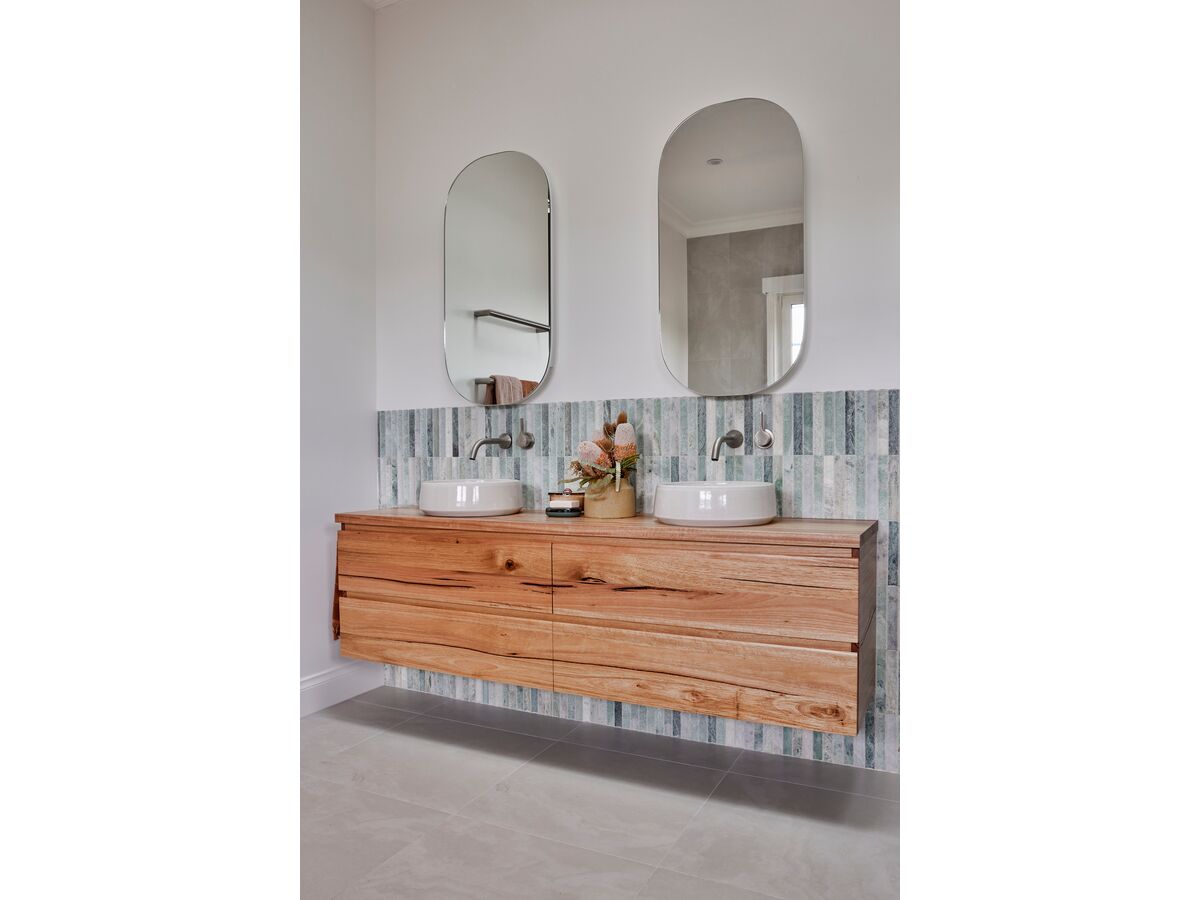 Reece Kado Arc Timber Twin Drawer 1800mm Double Bowl Vanity Unit Timber Top Australian Chestnut